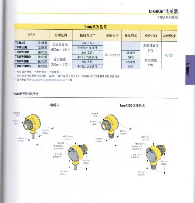 邦纳t18u系列对射式双检测范围传感器