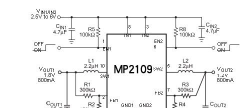 供应DUAL 1.2MHz,800mA的同步降压转换器MP2109DQ