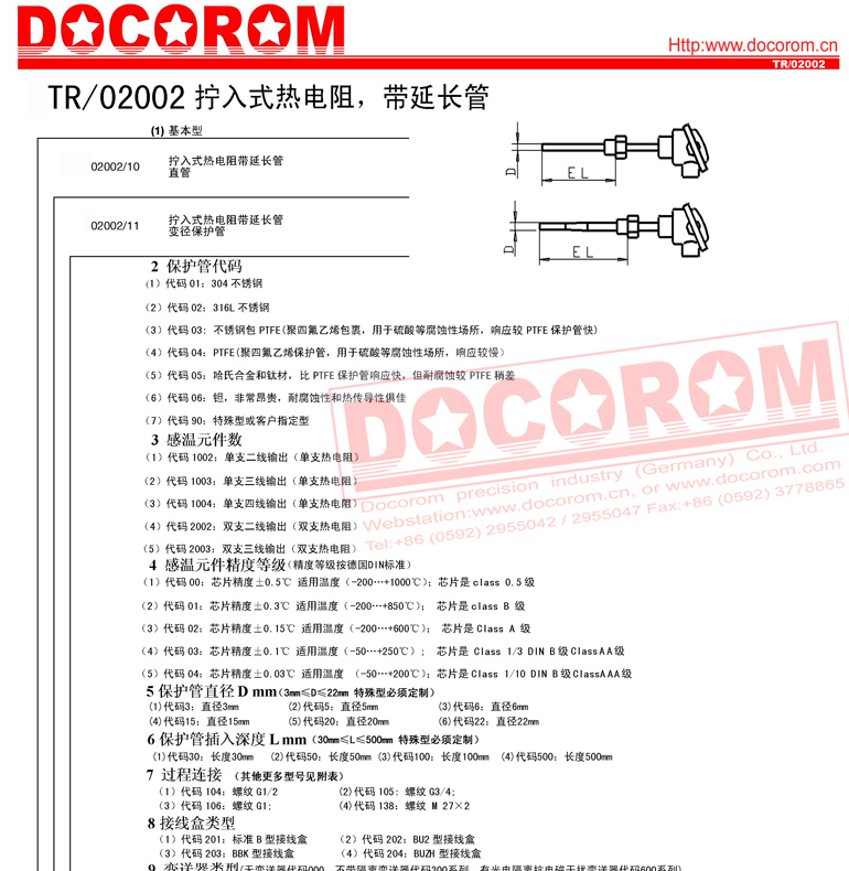 供应PT100热电阻分度表-TR/02002-拧入式热电阻