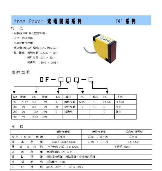 台湾DRH自由电源型镜片反射光电开关DF-500M