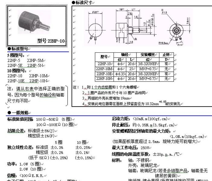 22HP精密多圈线绕电位器