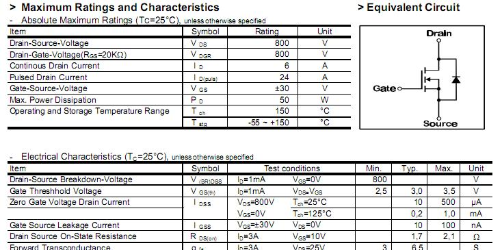 供应800V,6A N-CH MOS场效应管K2101