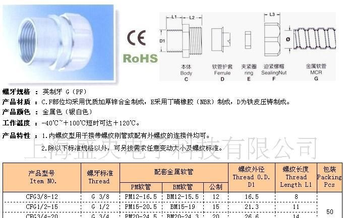 防水接头/金属电缆固定头/内螺纹直型金属软管接头