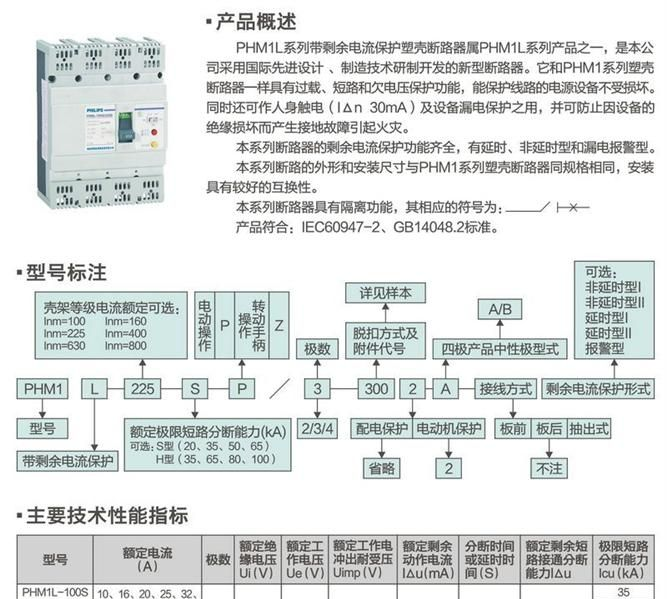 飞利浦PHM1L系列塑壳漏电断路器