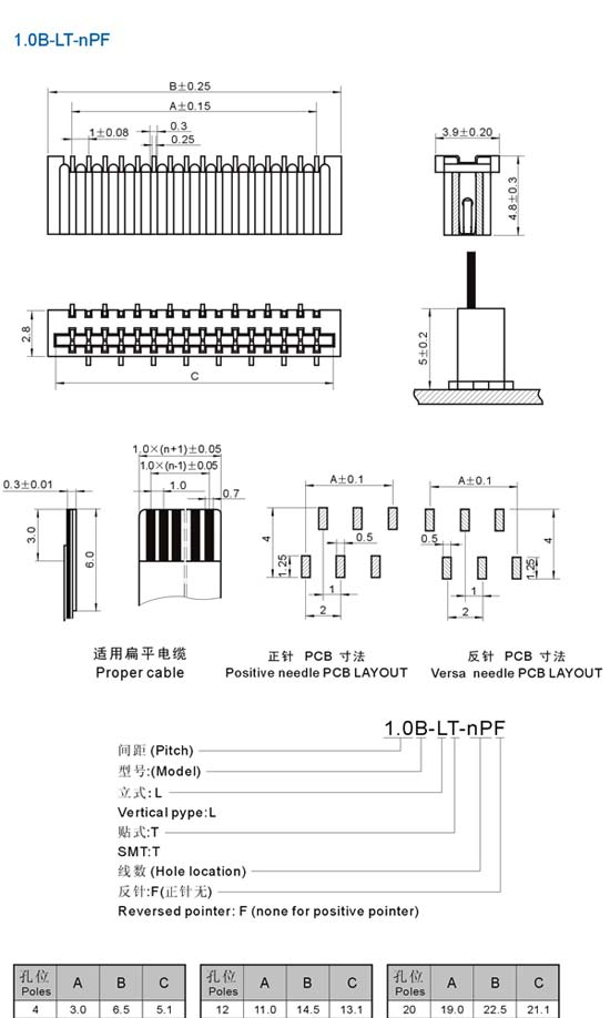 FPC1.0B扁平电子连接器，6位贴片（立贴和卧贴）