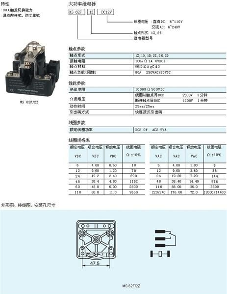 MS62F2Z，电磁继电器，大功率继电器