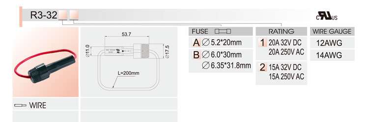 R3-32(5.2*20/6.0*30mm20A/15A 32V/250V线束保险丝座