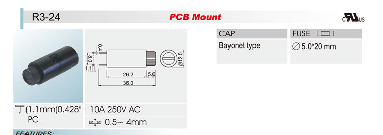供应SCI R3-24(5.0*20mm)10A250VAC PCB 插件保险丝座