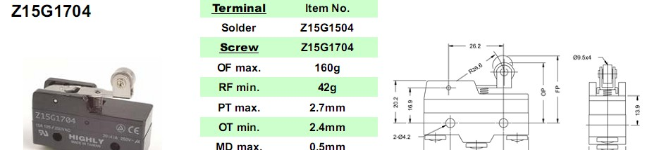 原装HIGHLY全系列产品微动开关Z15G1704