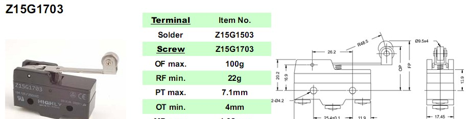 原装HIGHLY全系列产品微动开关Z15G1703