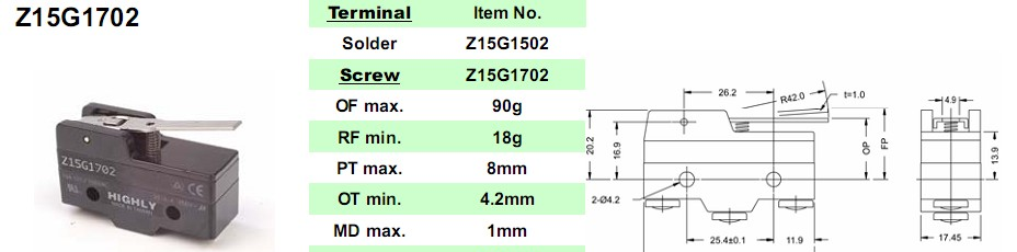 原装HIGHLY全系列产品微动开关Z15G1702