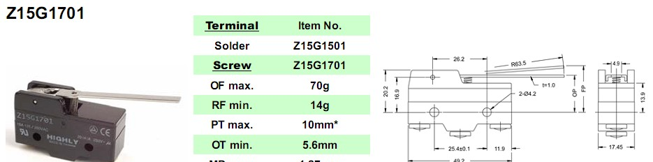 原装HIGHLY全系列产品微动开关Z15G1701