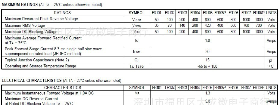 快恢复二极管 FR105 1A/600V FR107 1A/1000V DO-41直插