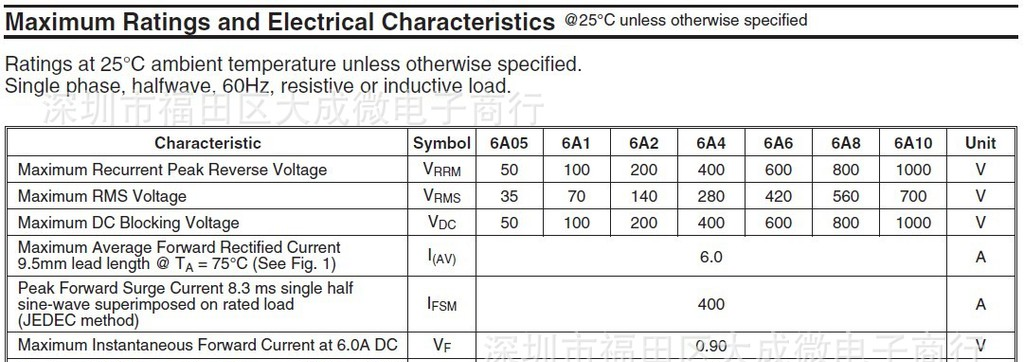 整流二极管 6A10 6A/1000V 10A10 10A/1000V R-6直插