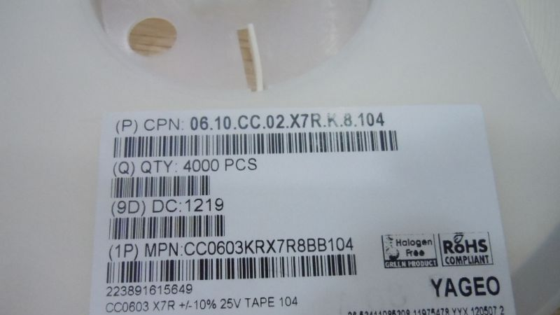供应国巨贴片电容CC0603KRX7R8BB104 0603 104k 25v