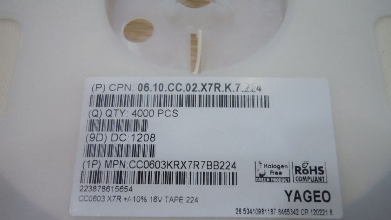 供应国巨贴片电容 CC0603KRX7R7BB224 0603 220nf 16v