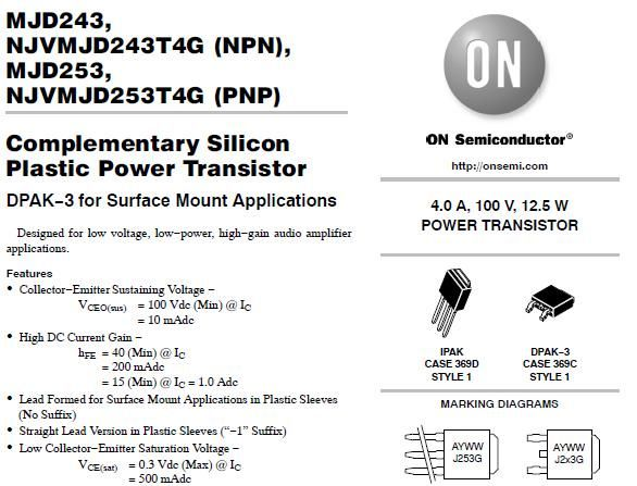 供应100V,4A PNP双极功率晶体管MJD253T4G