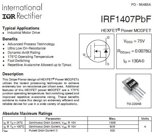 供应75V，130A N-CH MOS管IRF1407