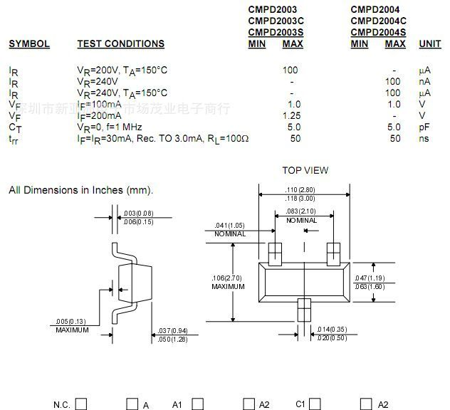 CMPD2004TR/开关二极管/240V 0.2A 50nS/SOT-23/CENTRAL