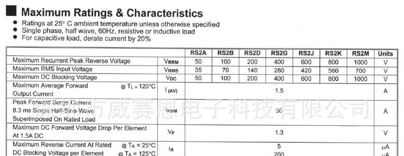 【威赛恩】 特价供应 RS2B 快恢复 二极管 RoHS