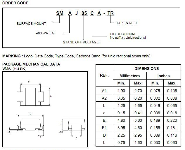 SMAJ30A-TR/瞬态抑制二极管TVS/30V 400W/SMA DO-214AC/ST意法