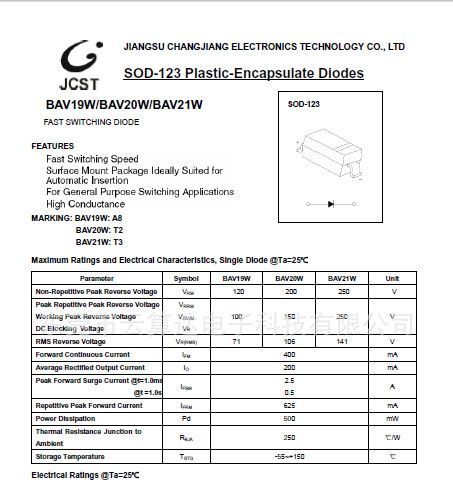 供应电子元器件整流开关二极管型号BAV20W SOD-123