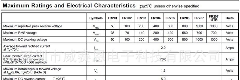 【威赛恩】 特价供应 FR201-FR207 2A 肖特基 整流 二极管 RoHS