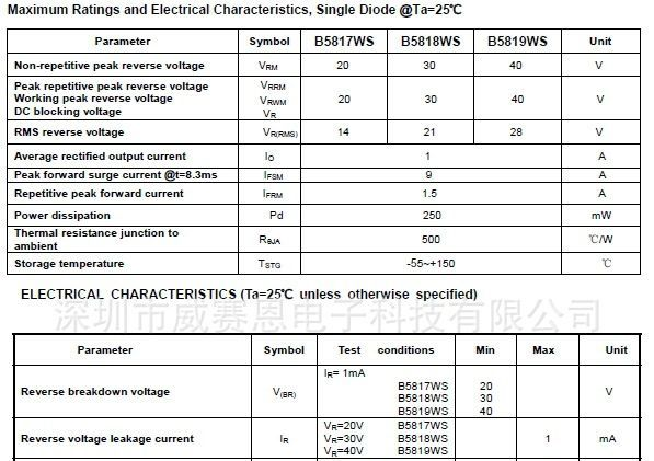 【威赛恩】 特价供应 B5819WS 肖特基 二极管 RoHS