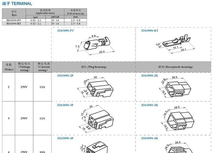 供应6.3车用连接器、6.3四方端子