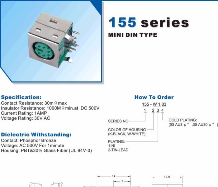 155 MINI DIN 插座 小6芯  母头，公头连接器，DIN插板式，焊接式