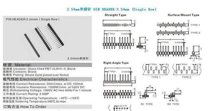 2.54mm单排针 OIN HEADER 2.54mm (Single Row)1*40P加长针