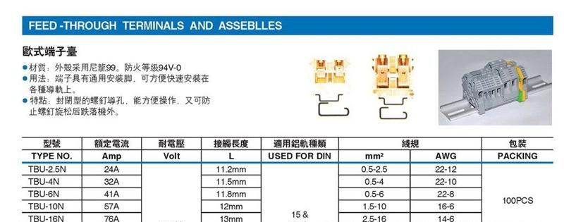 供应欧式端子台TBU-2.5N,TBU-4N,TBU-6N,TBU-10N,TBU-16N等