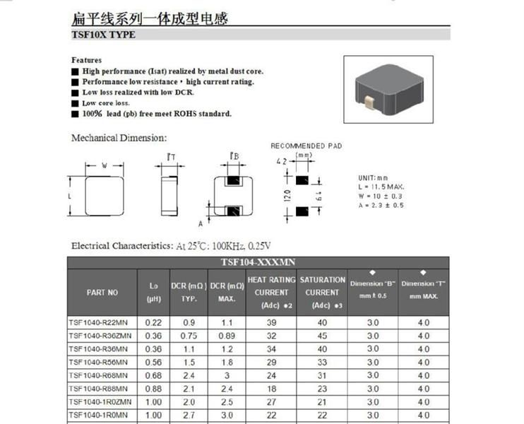 供应47uH,3A;22uH,5A帶屏蔽電感器，一体成型功率电感（附規格）
