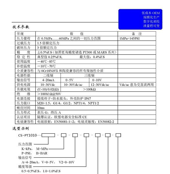 供应陶瓷压力传感器（进口芯体、CE认证）