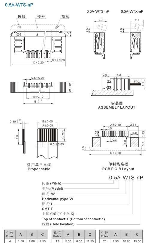 供应FPC连接器 0.5mm上 下接 条形连接器