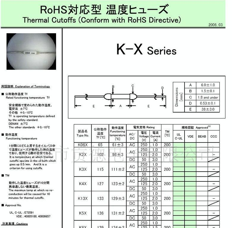 田村温度保险丝，K-X系列,自恢复温度保险丝。快恢复温度保险丝