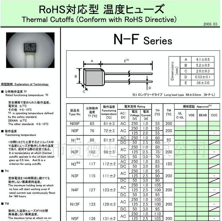 田村温度保险丝。N-F系列,温度保险丝，保险丝管，电流保险丝