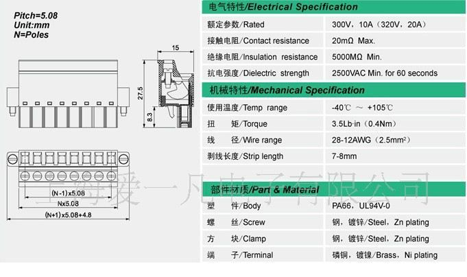 2ERJKCM-高品质环保接线端子间距5.08mm-插拔式接线端子台
