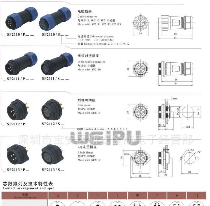威浦对接连接器，航空插头SP21-2芯３芯４芯５芯７芯９芯１２芯