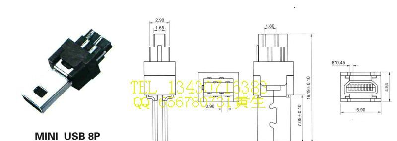 供应 迷你USB连接器，MINIUSB8P公焊线式迷你8P公头