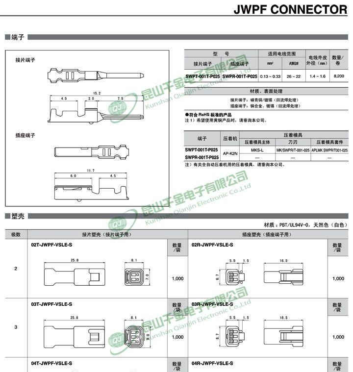 日本JST 原厂 防水连接器 防水端子 SWPR-001T-P025 现货供应