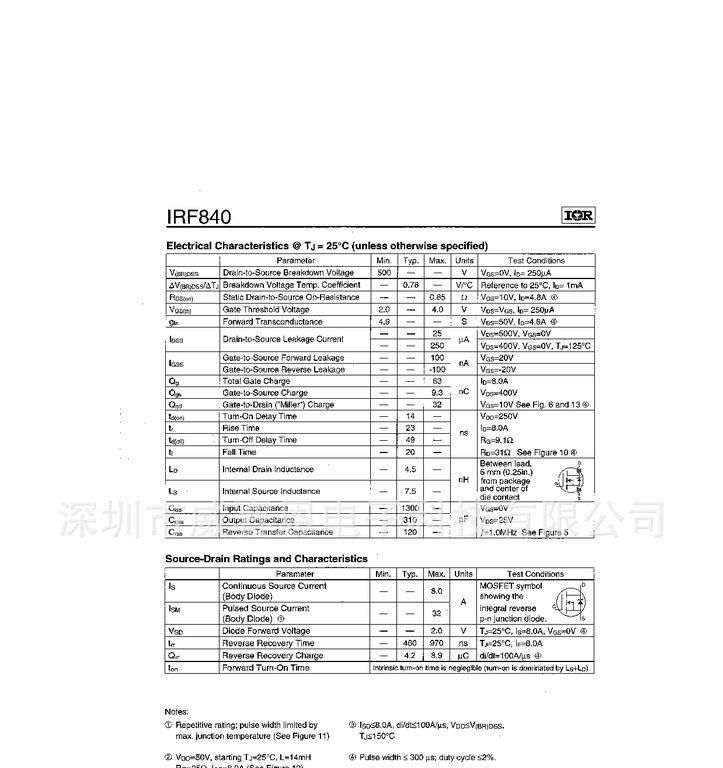 【威赛恩】 供应 IR原装 IRF840PBF MOSFET 场效应管 RoHS