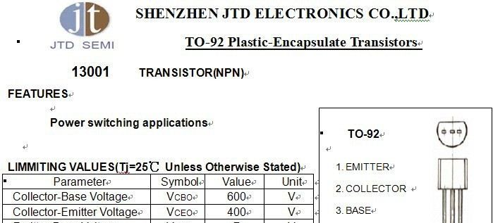 电源、节能灯三极管，13001，ECB，TO-92