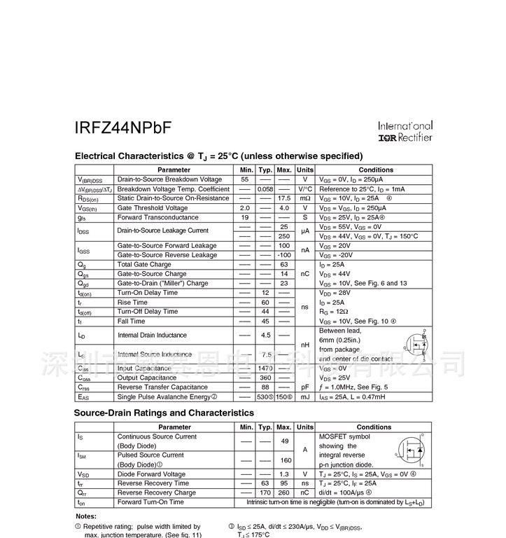 【威赛恩】 供应 IR原装 IRFZ44NPBF MOSFET 场效应管 RoHS