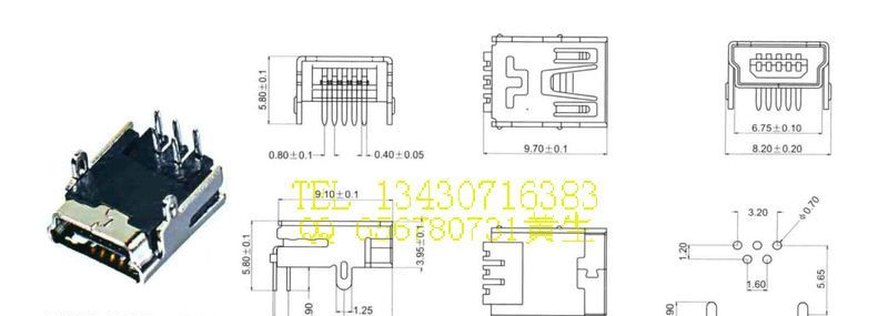 供应 迷你USB连接器，MINI5P母座F90两脚，USB母座