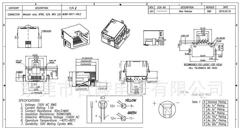 【大量供应厂家低价销售】RJ45 沉板带灯网络插座 RJ45母座【详图