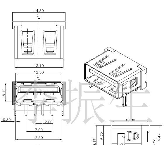 USB A母座 长度10mm 10毫米  短体