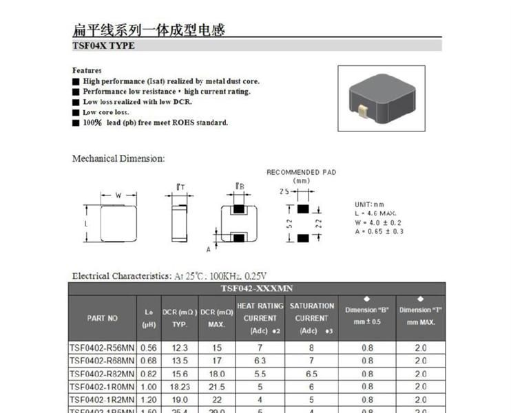 TSF0402系列扁平線貼片一體成型電感，長度4.6MM，高度2MM電感