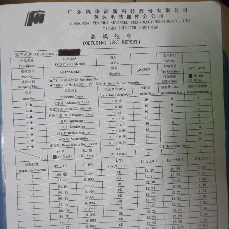 风华电感热卖 MS127-820MT 原厂原装