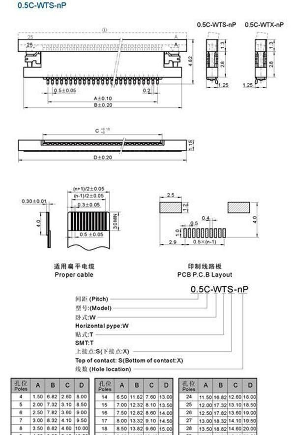 FPC0.5C-WTS连接器  0.5mm卧贴 扁平电缆定做